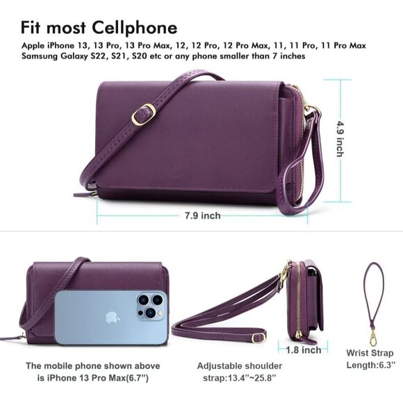 Women’s 13-purple Leather Imported Zipper Purses Crossbody Bag - Picture 6 of 7